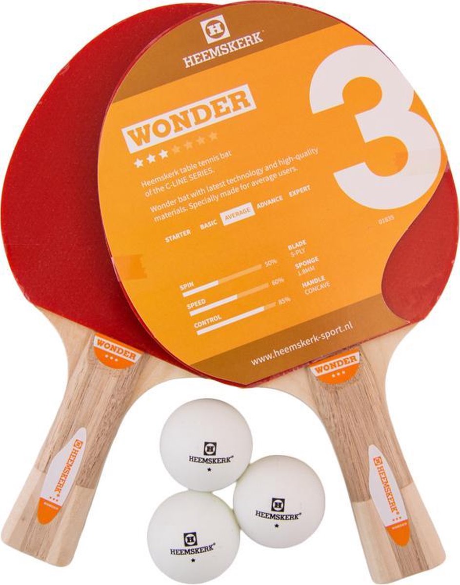 Heemskerk Wonder Tafeltennisbatset voor een allround speelstijl - met 2 batjes en 3 balletjes - 3 ster