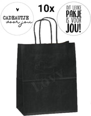 Papieren Tasjes- 10 Stuks-Met Stickers-Inclusief Verzenden-Uitdeelzakjes-Papieren Zakjes-Cadeauzakjes-Cadeautasjes-Papieren Draagtas-18+8x24 cm-Zwart