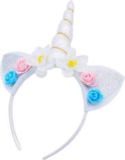 Eenhoorn haarband wit unicorn diadeem met oortjes en bloemetjes - witte hoorn - bloemen blauw roze wit festival