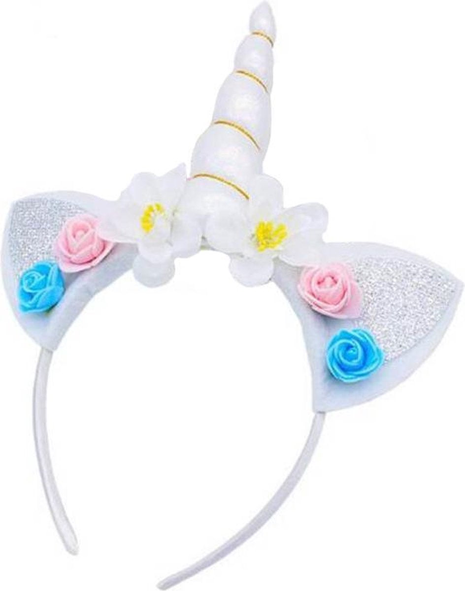 Eenhoorn haarband wit unicorn diadeem met oortjes en bloemetjes - witte hoorn - bloemen blauw roze wit festival