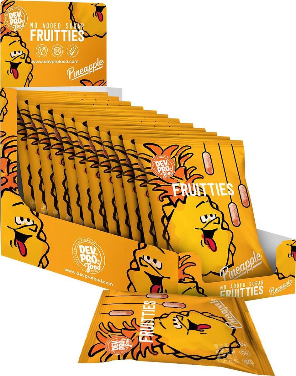 Dev. Pro. Fruitties - Ananas smaak - 100% natuurlijk - vegan - gezond - verantwoord snoepen - 12 zakjes van 35 gram - handige SRP verpakking