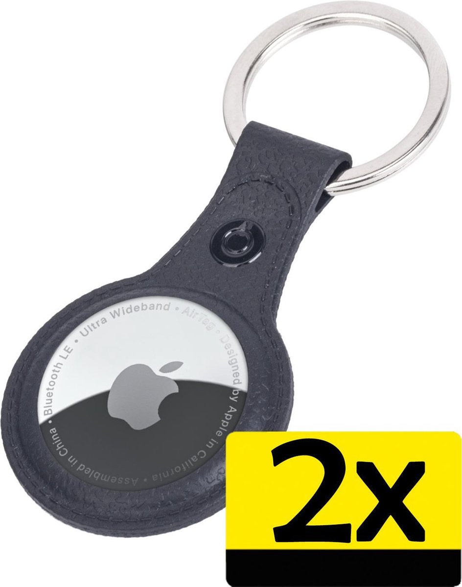 Airtag Sleutelhanger Hoes - Airtag Hoesje Hanger Case Leder Look - Airtag-Sleutelhanger Zwart - 2 Stuks