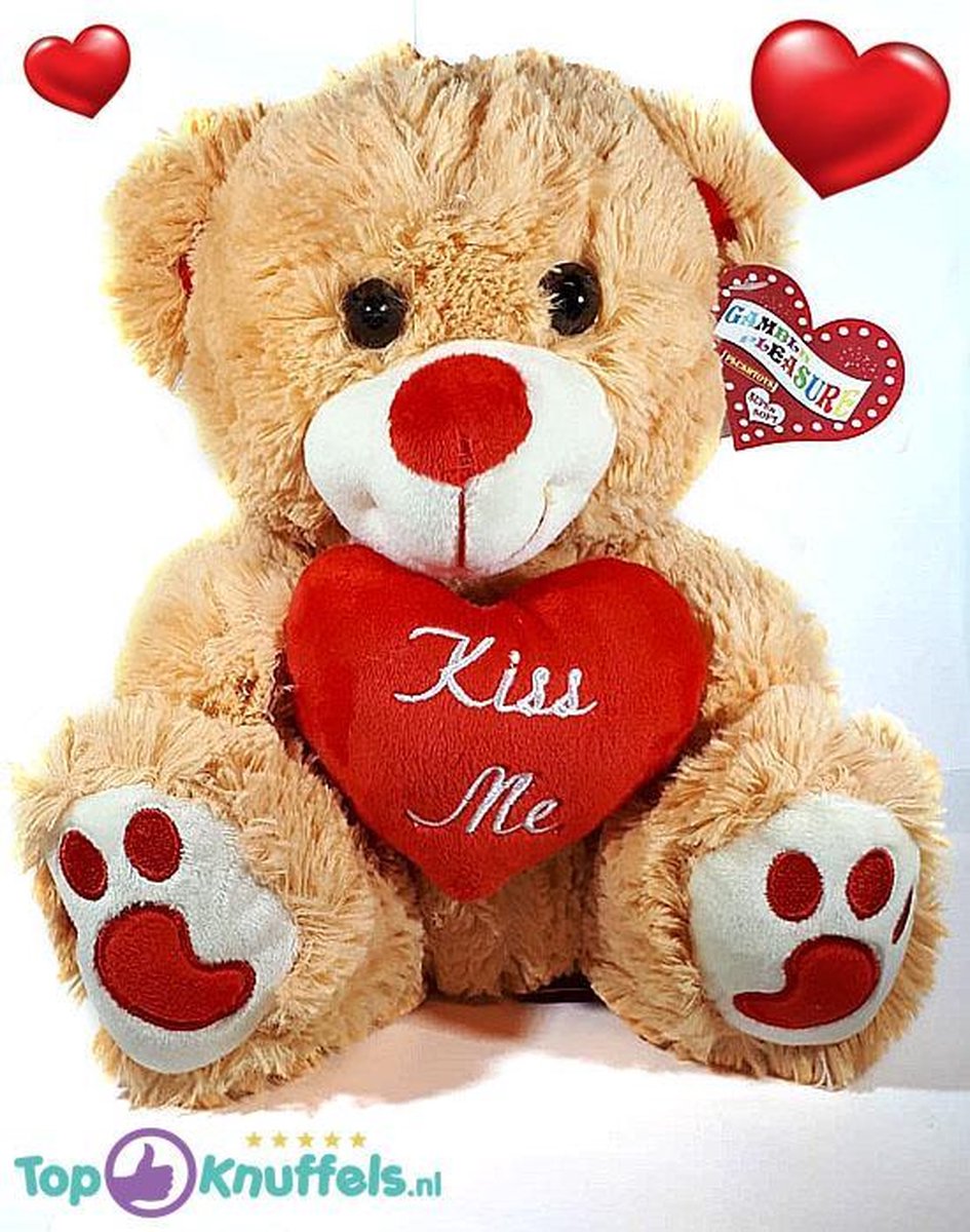 Lichtbruine Teddybeer met rood hart Kiss Me 32 cm | Cadeau knuffelbeer pluche knuffel| Ik Hou Van Jou I Love You bear |Hart liefde rozenbeer | Rozen Beer met hartje 32cm| kado vrouw man hem haar