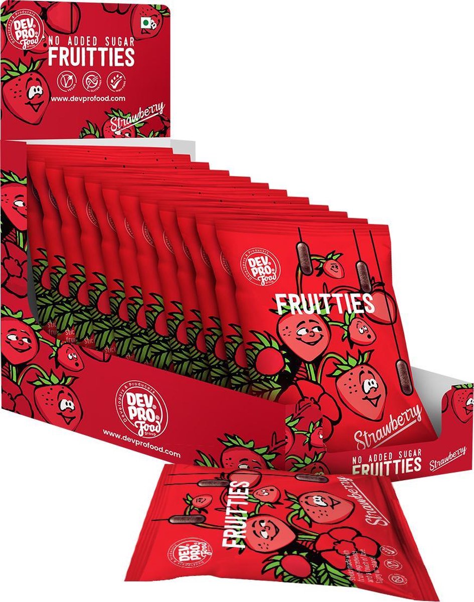 Dev. Pro. Fruitties - Aardbei smaak - 100% natuurlijk - vegan - gezond - verantwoord snoepen - 12 zakjes van 35 gram - handige SRP verpakking