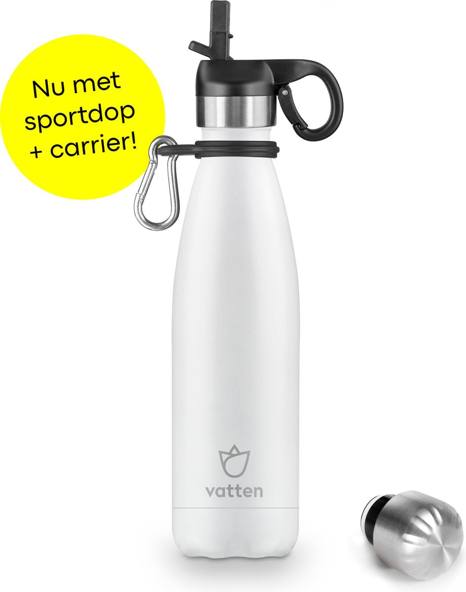 Vatten® Premium RVS Thermosfles - 500 ml - Mat Wit - Waterfles met Rietje - Isoleerfles