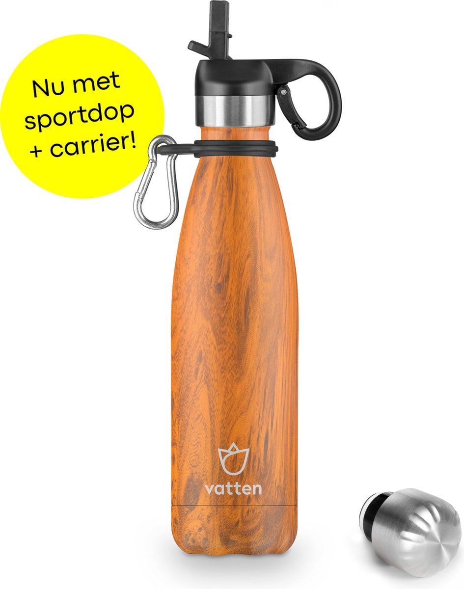 Vatten® Premium RVS Thermosfles - 500 ml - Hout - Waterfles met Rietje - Isoleerfles