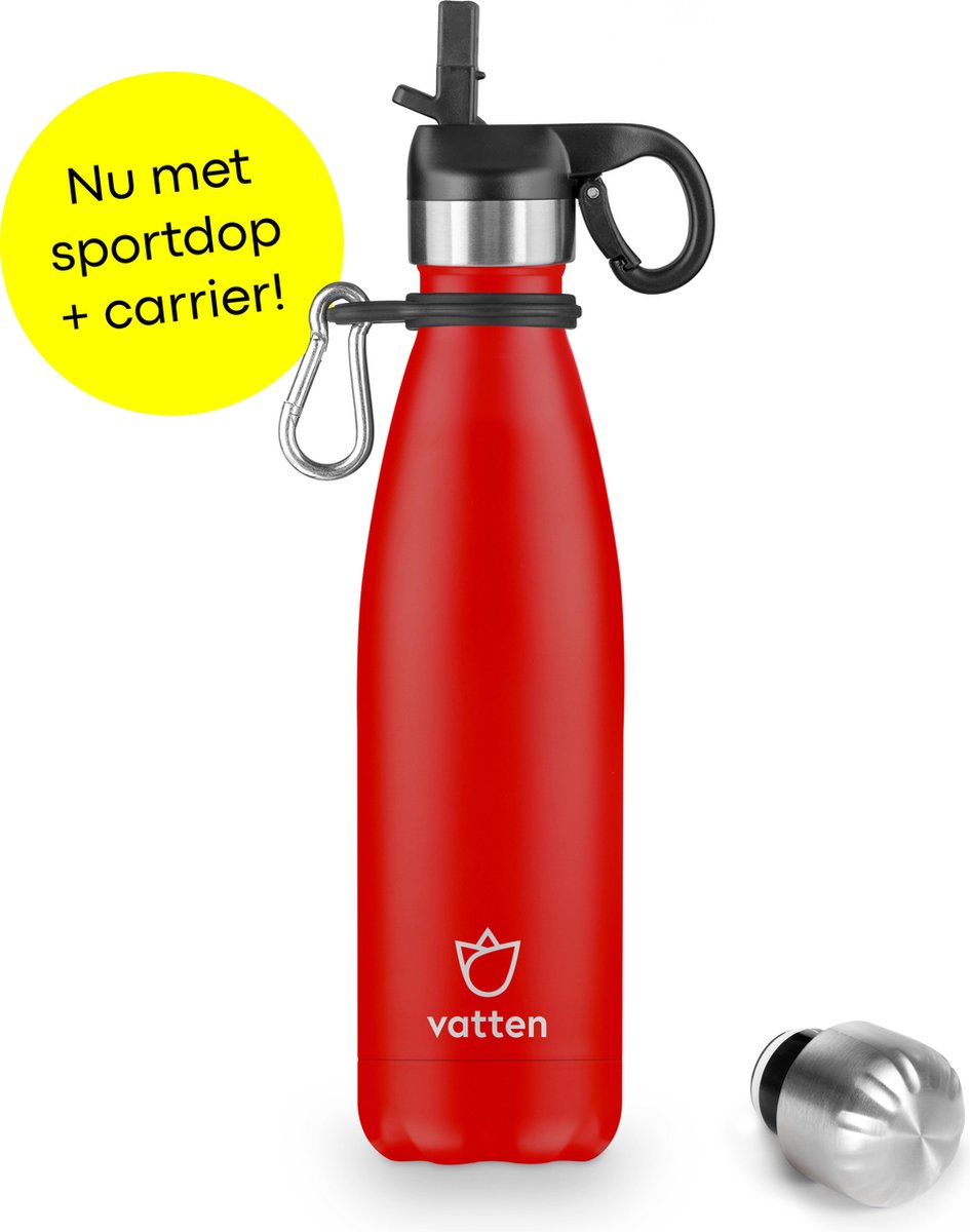 Vatten® Premium RVS Thermosfles - 500 ml - Mat Rood - Waterfles met Rietje - Isoleerfles