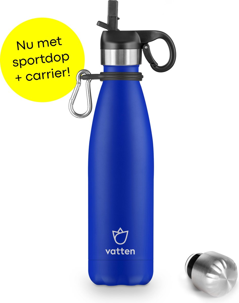 Vatten® Premium RVS Thermosfles - 500 ml - Mat Blauw - Waterfles met Rietje