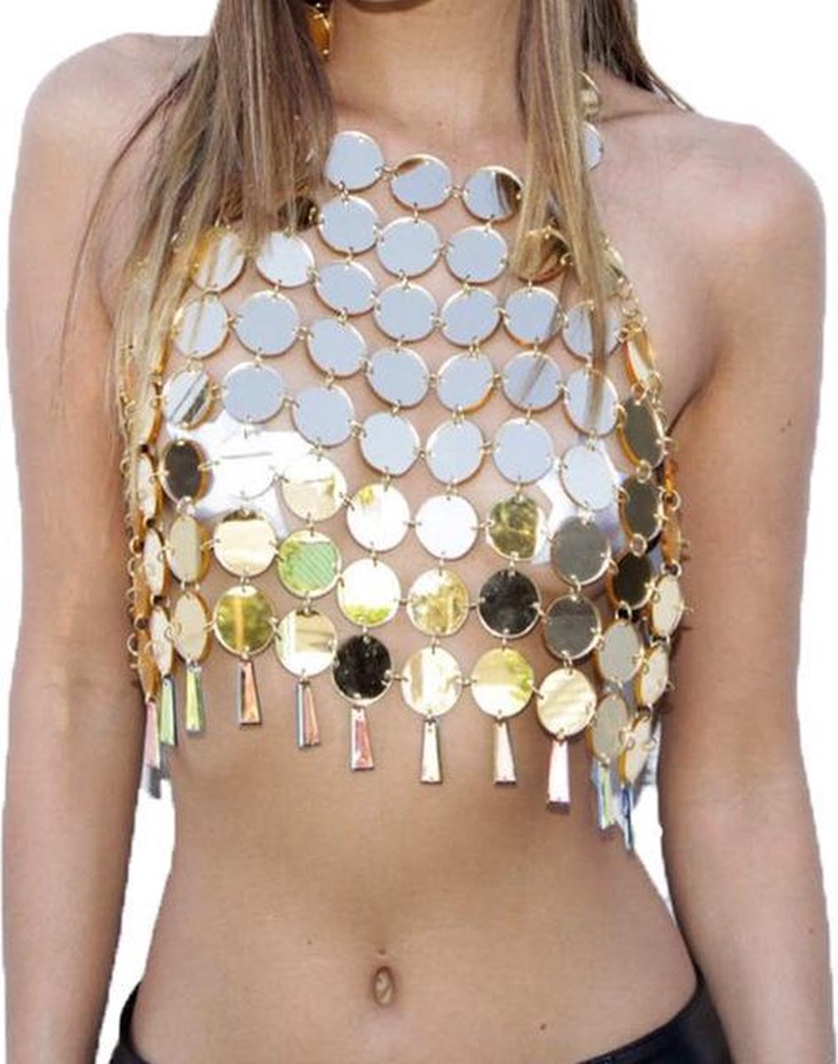 Spiegel top goud zeemeermin - one size - ronde spiegeltjes sexy disco spiegeltop steampunk