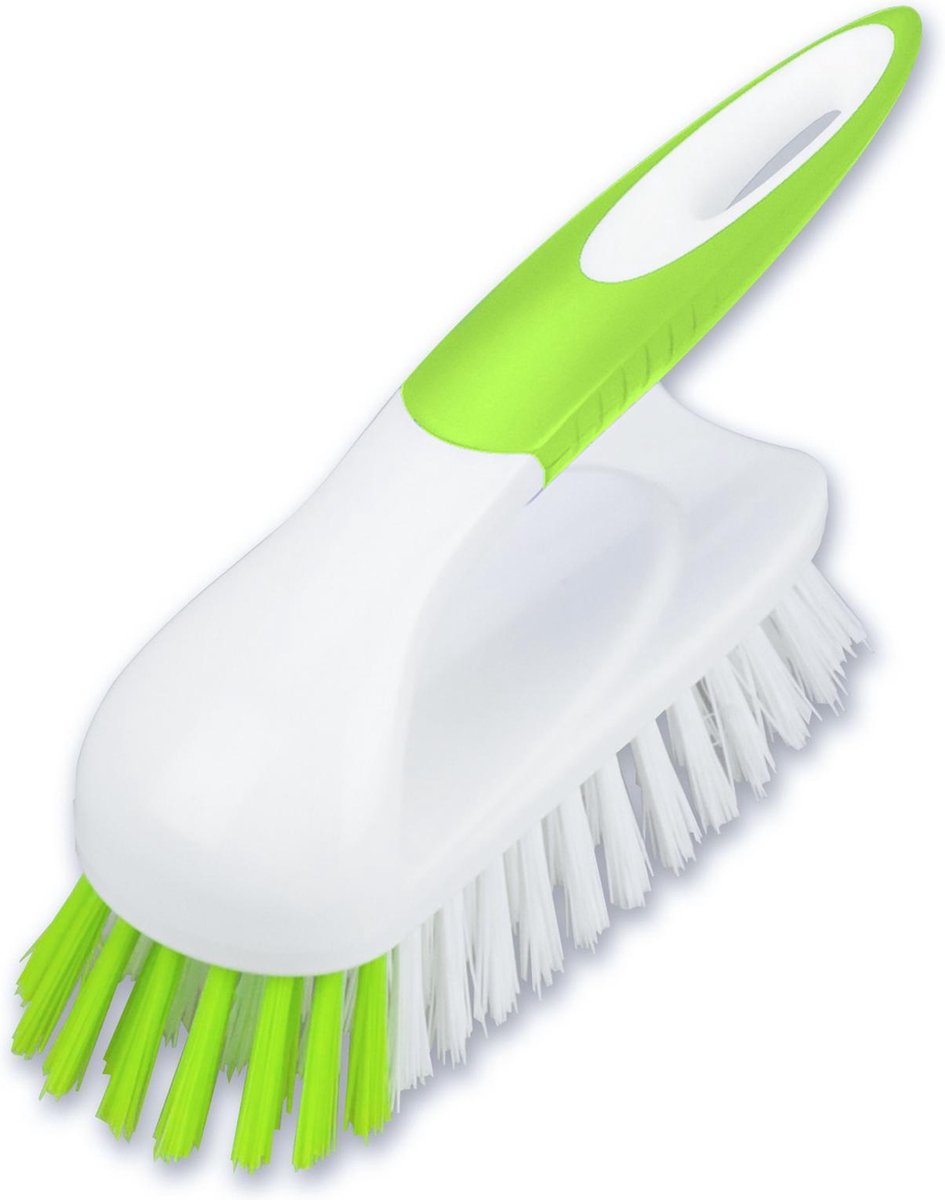 Schrobborstel van kunststof met handvat wit/groen - Schoonmaakartikelen/schoonmaakborstels