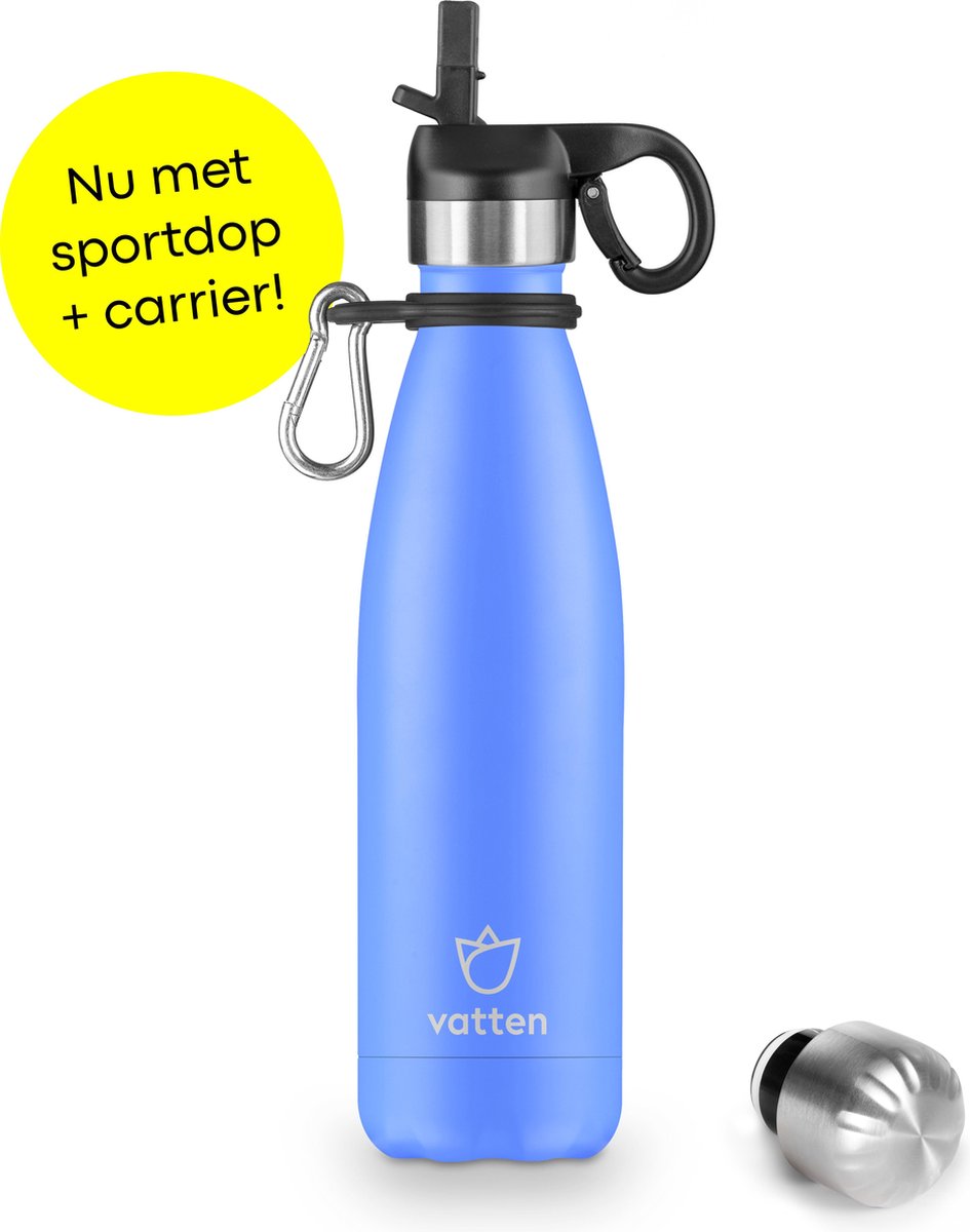 Vatten® Premium RVS Thermosfles - 500 ml - Mat Lichtblauw - Waterfles met Rietje - Isoleerfles