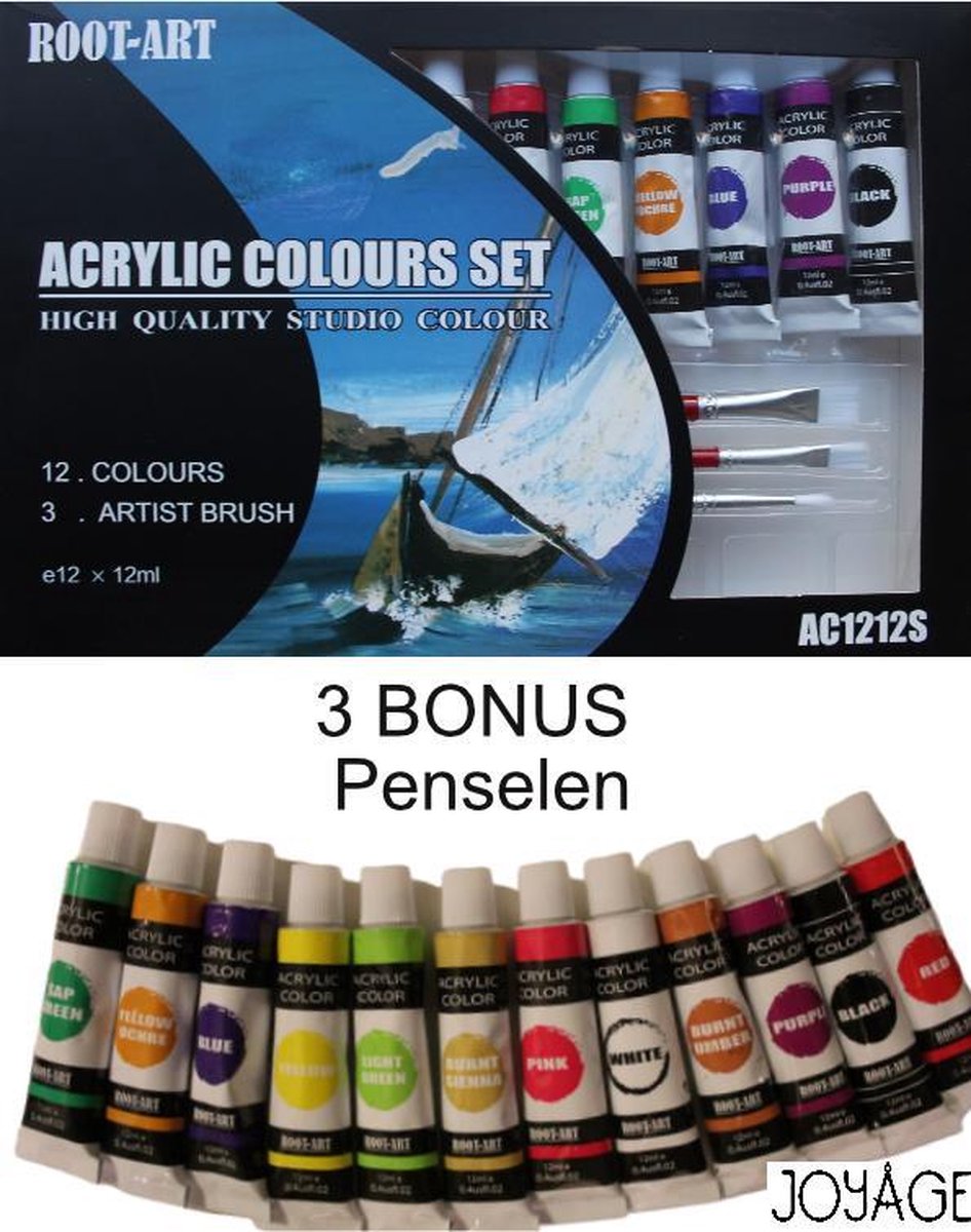 Acrylverf set mét 3 Bonus Penselen – 12 Kleuren – Acrylverf tubes – Acrylverf schilderen – Acrylverf hobbyverf