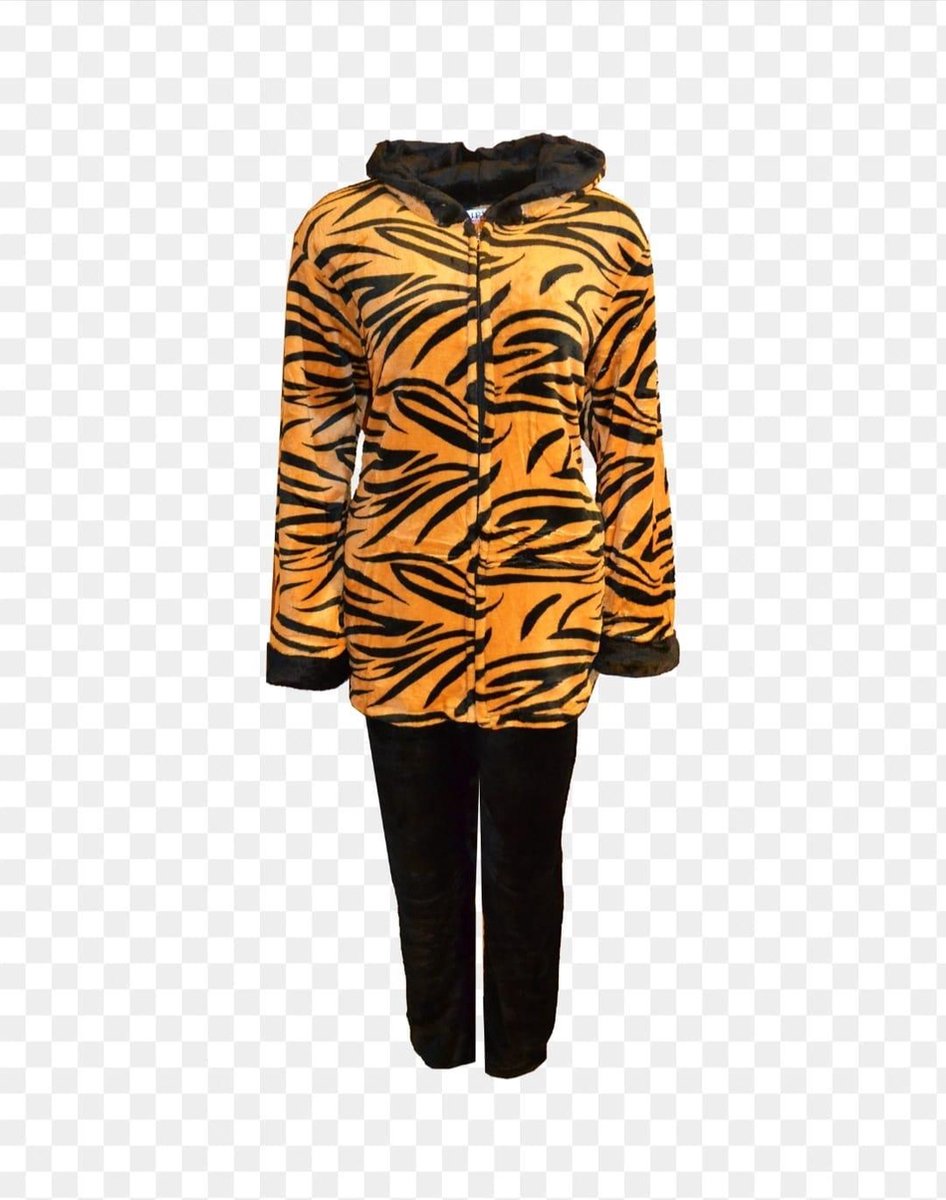 Dames fleece huispak met zakken rits en capuchon M bruin/zwart