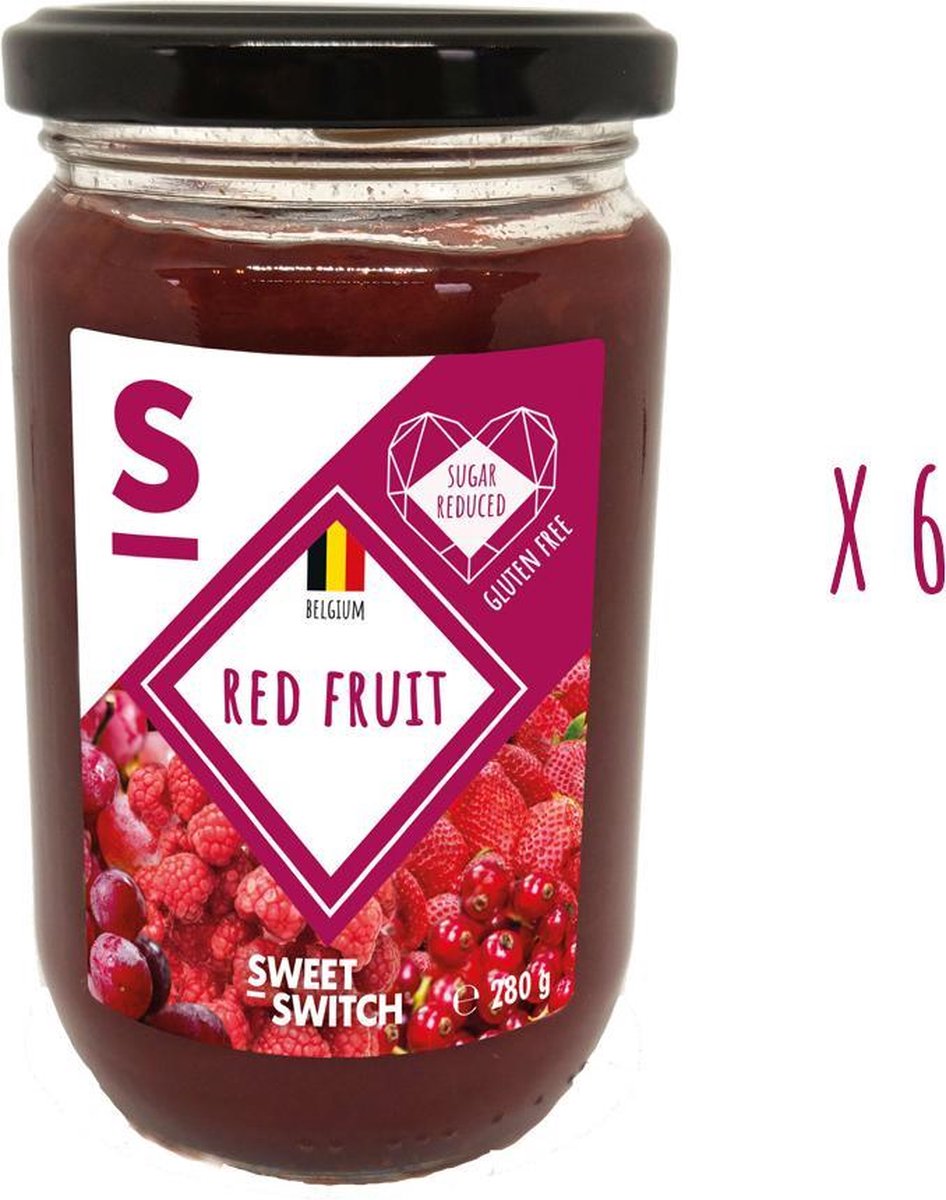 SWEET-SWITCH® - Rode Vruchten Confituur - Aardbei - Cassis - Framboos - Rode druiven - Jam - Dieet - Suikerarm - Glutenvrij - KETO - 6 x 280 g