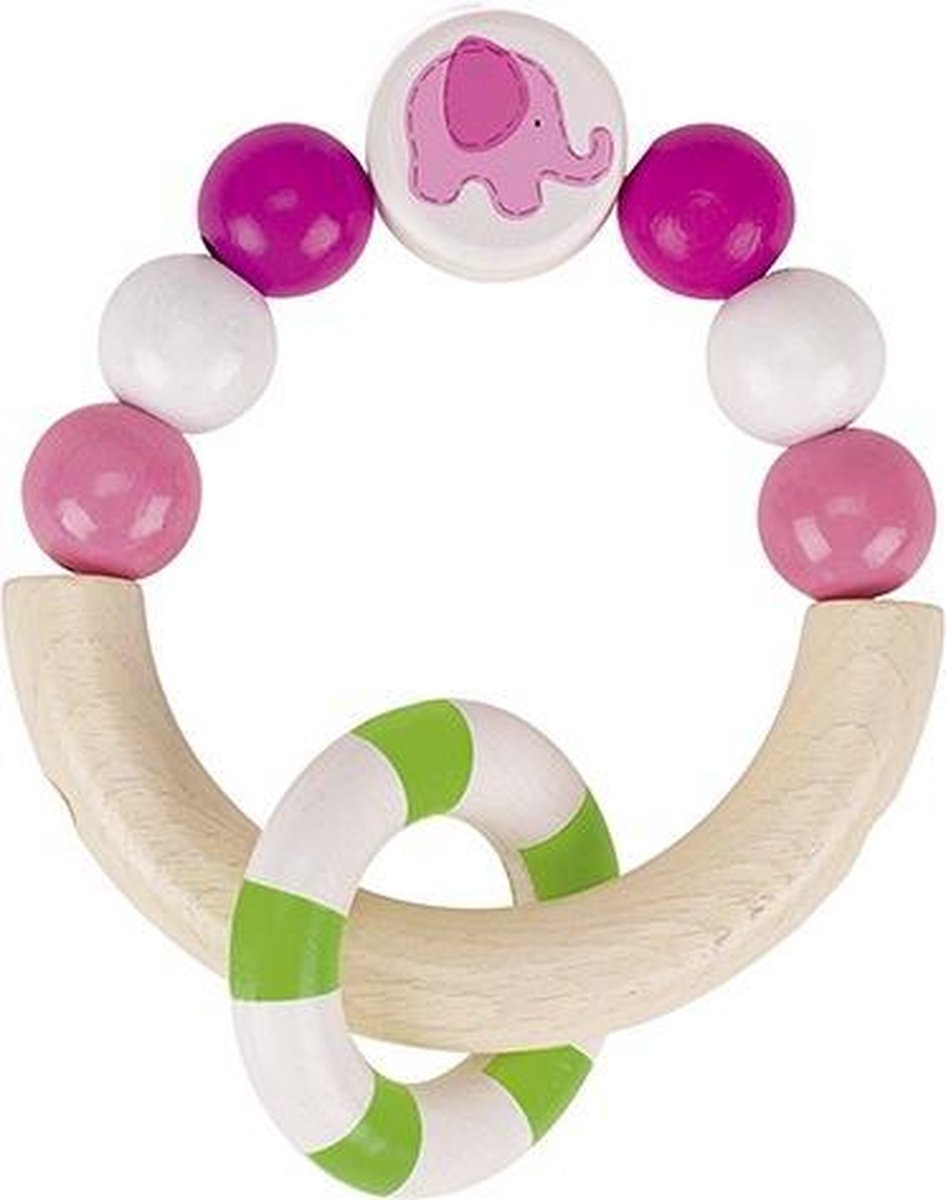 Heimess Houten Bijtring Met Elastiek Olifant Roze 9 Cm