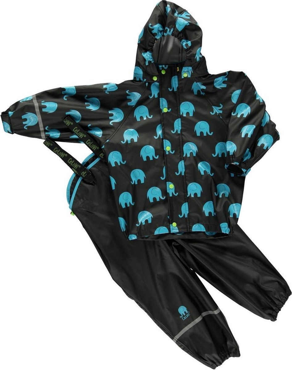 CeLaVi - Regenpak met Olifant print voor kinderen- Zwart - maat 130 (128-134cm)