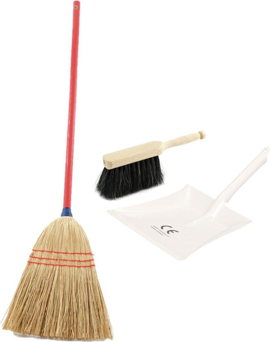 Kinder schoonmaak set 3-delig bestaande uit wit stoffer en blik en strobezem 75 cm