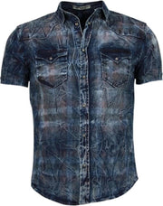 Enos Denim Heren Overhemd - Korte Mouwen - Kleur Print - Blauw - Maat: S