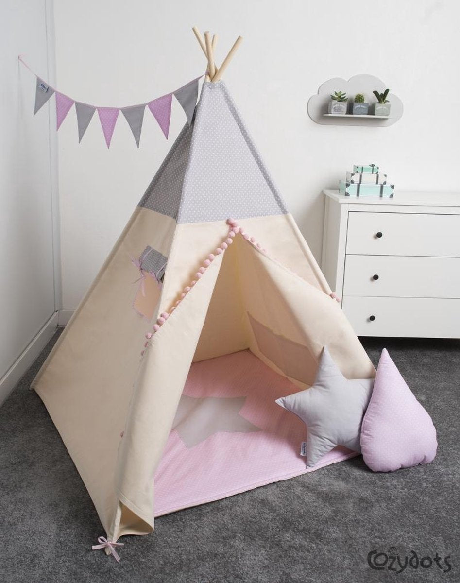 FUJL - Tipi Tent - Speeltent - Wigwam - kinder tipi -  Set Grey Dots - Inclusief accessoires