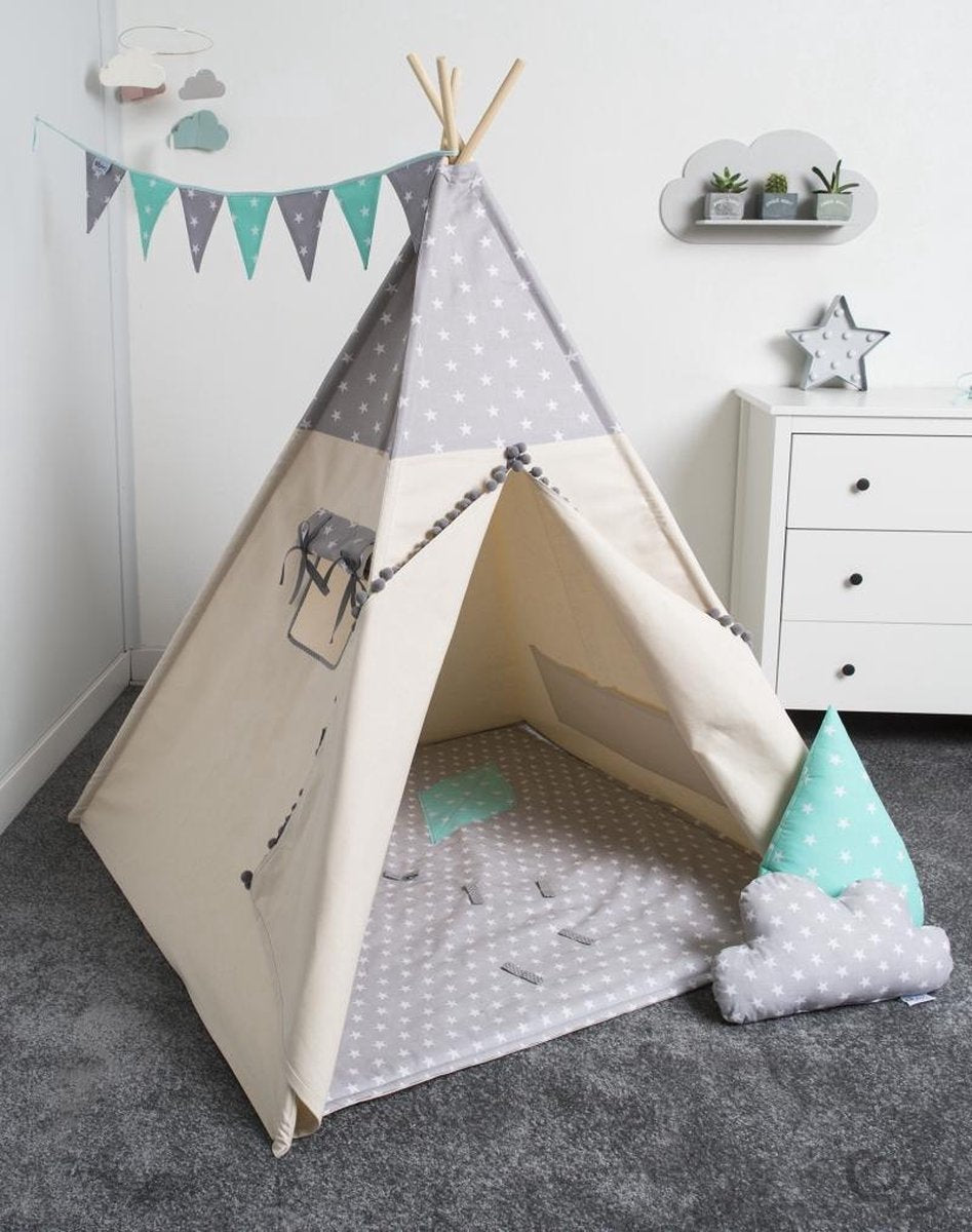 FUJL - Tipi Tent - Speeltent - Wigwam - kinder tipi -  Set Grey Stars Boys - Inclusief accessoires