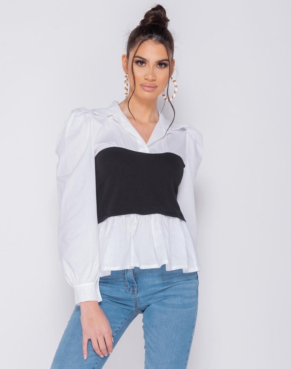 PARISIAN Corset Detail Puffed Blouse - Dames - Zwart /Wit