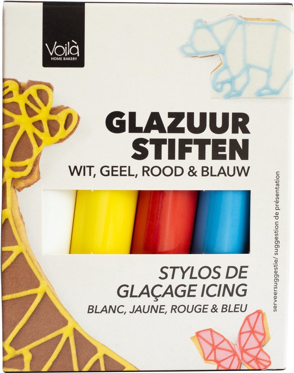 Voila Home Bakery | Glazuur stiften | 4 kleuren | wit geel rood blauw - 76 gram | Taart decoratie
