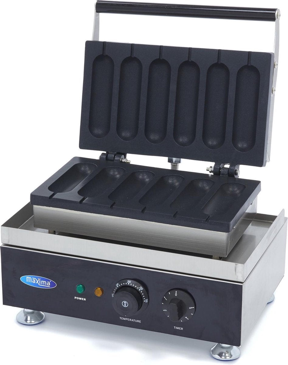 Wafelijzer Hot Dog / Worstenbroodjes Glad - 6 Hot Dogs Op Stok - RVS - Instelbare Temperatuur - Professionele Worstenbroodjes Apparaat - Maxima