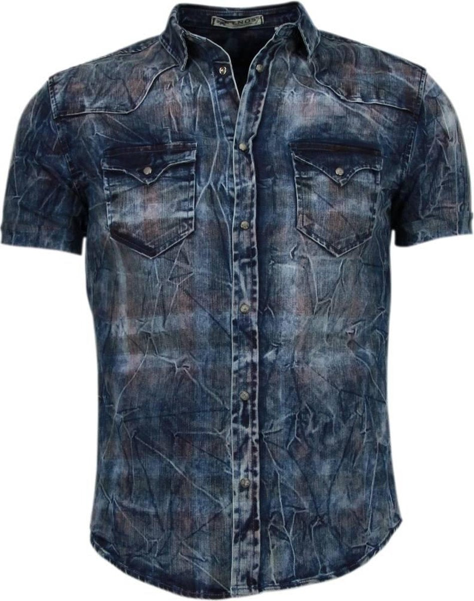 Enos Denim Heren Overhemd - Korte Mouwen - Kleur Print - Blauw - Maat: M
