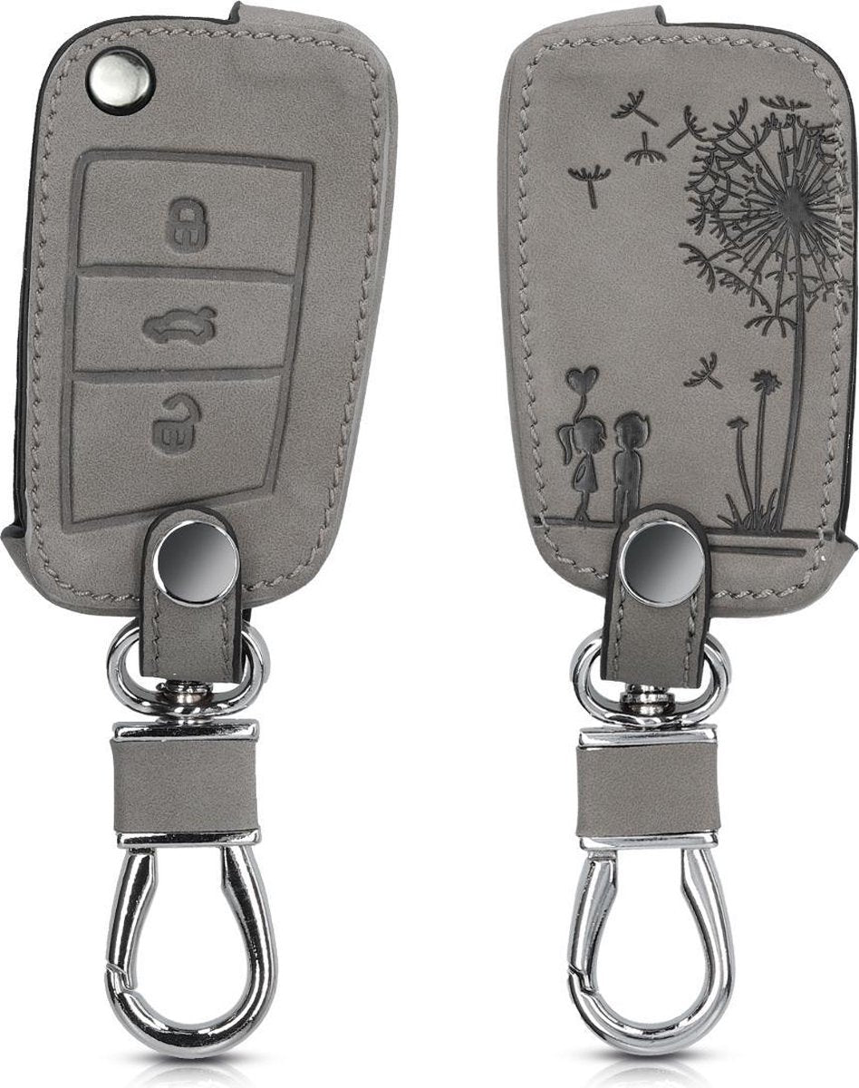 kwmobile autosleutelhoes voor VW Golf 7 MK7 3-knops autosleutel - beschermhoes van imitatieleer - Paardenbloemen Liefde design - grijs