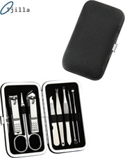 Tjilla 8-delige Manicure / Pedicure set met kalknagel producten - compacte leren behuizing - Roestvrijstaal
