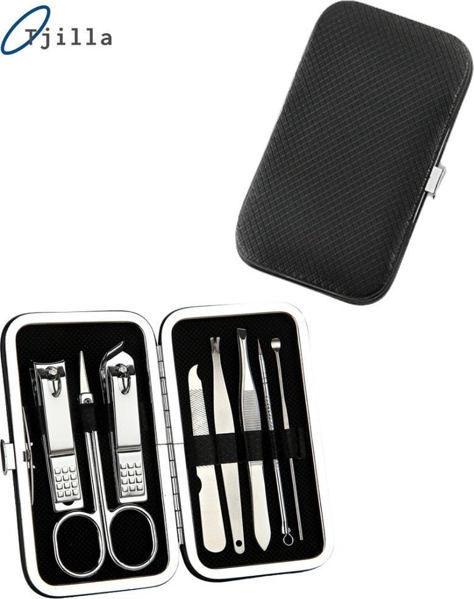 Tjilla 8-delige Manicure / Pedicure set met kalknagel producten - compacte leren behuizing - Roestvrijstaal