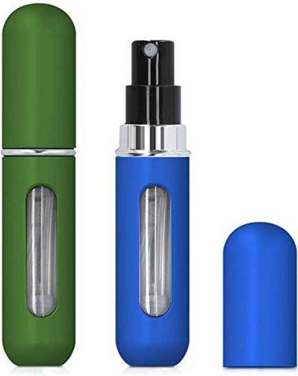MaxedMore Navulbare Parfumverstuiver 5ml Blauw & Groen - 65 Keer Spraybare Parfum Verstuiver - Hervulbaar Tasverstuiver voor Parfum - Meeneem Mini Geur Flesje voor op Reis - Lipstick Formaat Navulbaar Parfumflesje