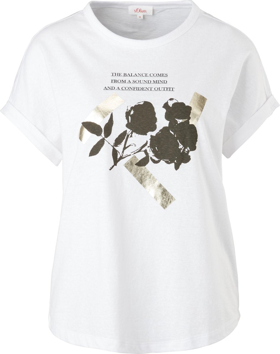 s.Oliver Dames T-shirt Dames Korte Mouwen - Ronde Halslijn - Losse Pasvorm - Wit met Rozenmotief - Maat M (38)