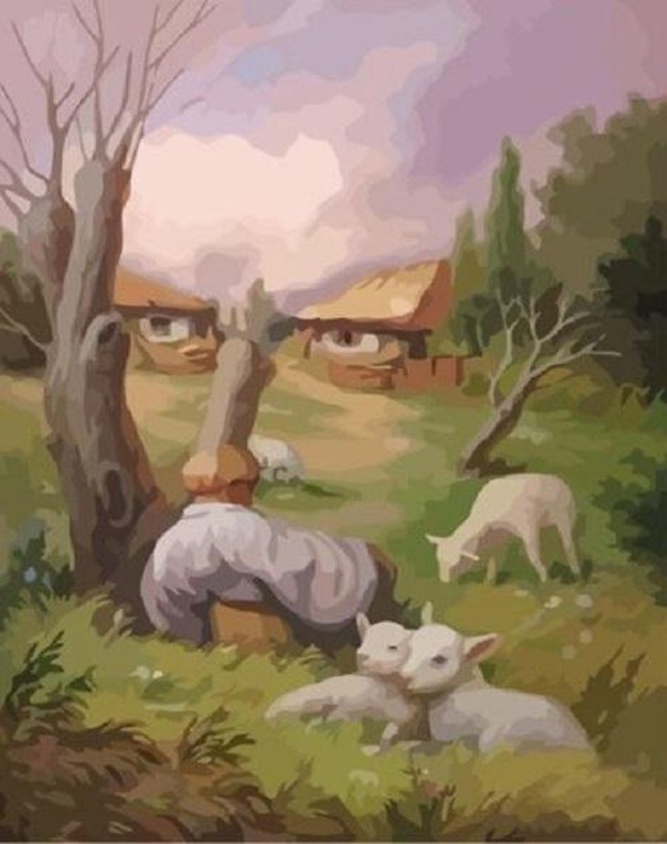Paint By Numbers - Schilderen op Nummer - Gezichtsbedrog: Man met Snor en Lammetjes in de Wei - 50x40cm - Volwassenen & Kinderen - Stipco