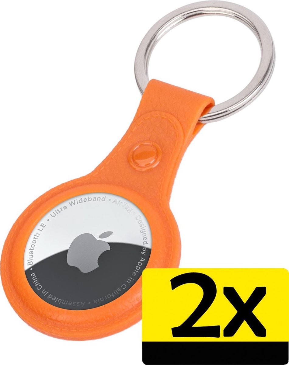 Airtag Sleutelhanger Hoes - Airtag Hoesje Hanger Case Leder Look - Airtag-Sleutelhanger Oranje - 2 Stuks