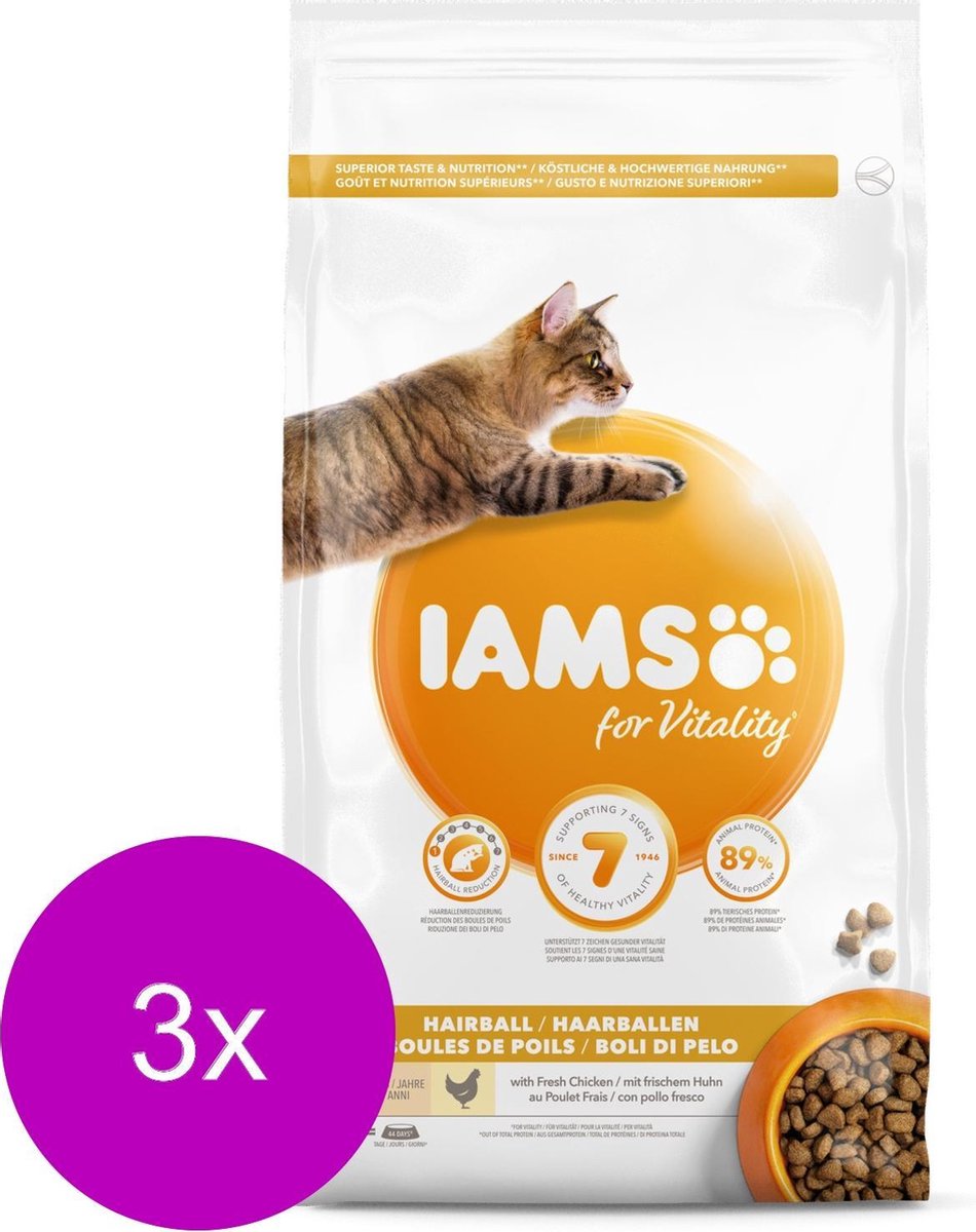 3x Iams Kat Adult Hairball Control Kip 3 kg