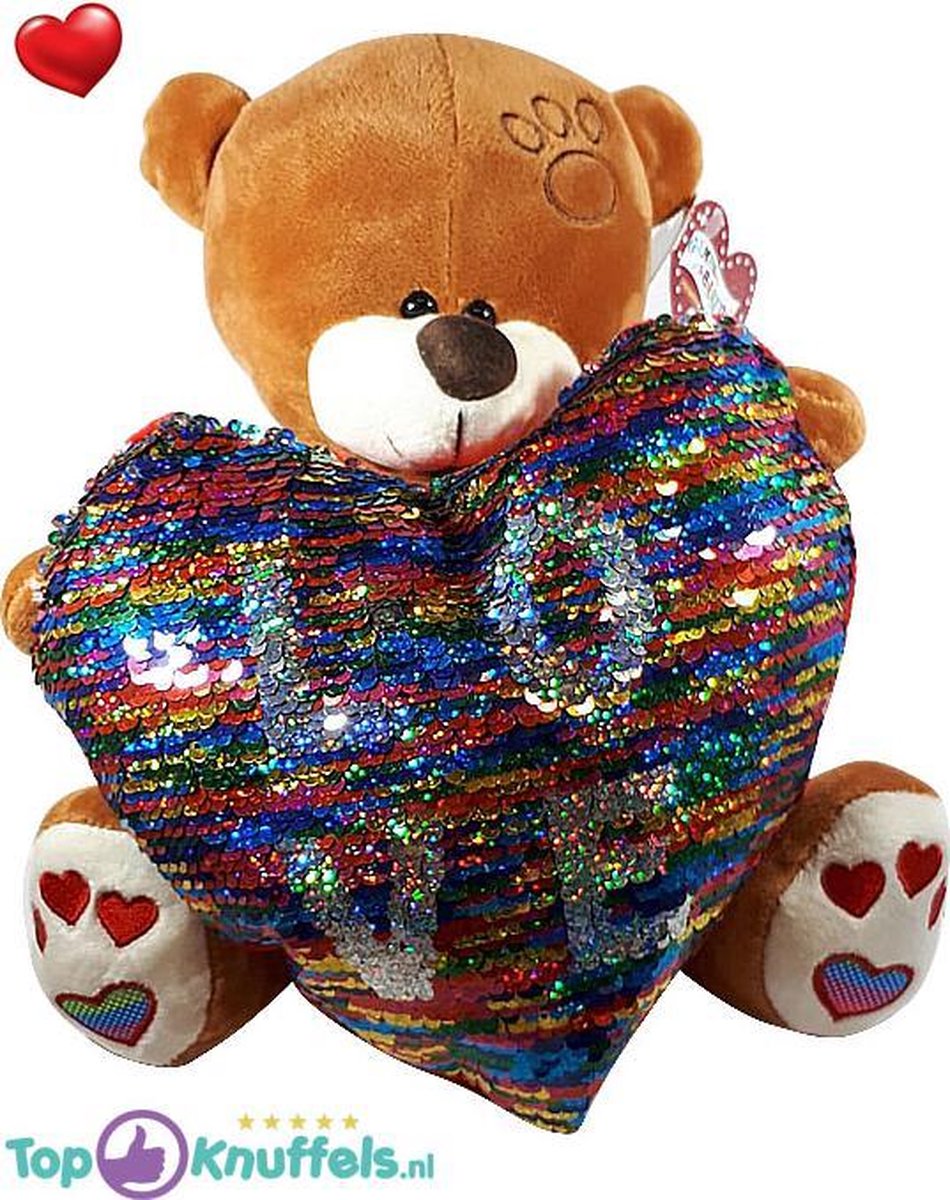 Bruine Teddybeer met disco glitter hart ''LOVE'' 32 cm | knuffelbeer pluche knuffel love beer | Ik Hou Van Jou / I Love You bear | Beertje met hart liefde | Beer met hartje 32cm | Valentijnsdag Cadeau / Valentines day Gift | Valentijn kado vrouw man