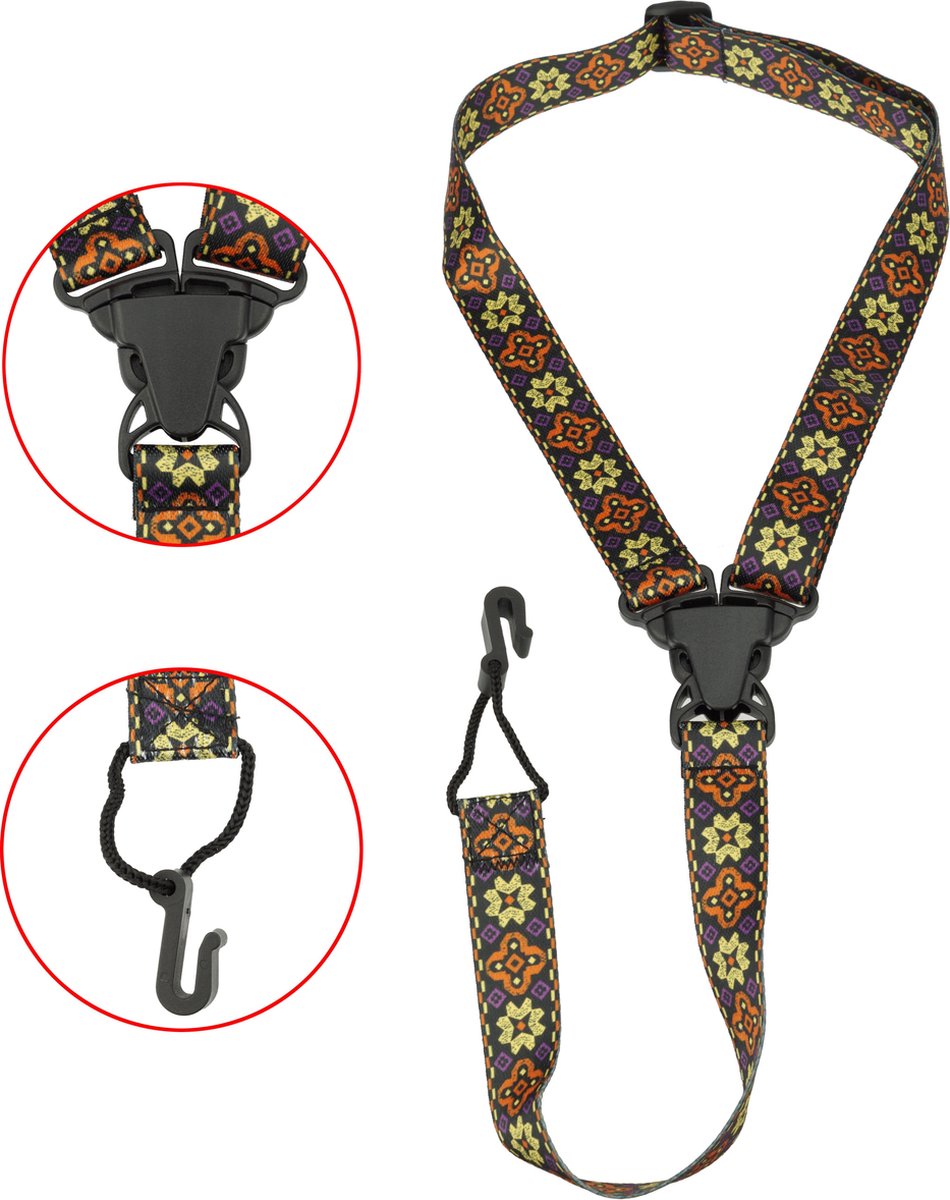 Áengus Stevige Ukelele draagband - nekband voor Ukulele met vrolijke print - black/flowers