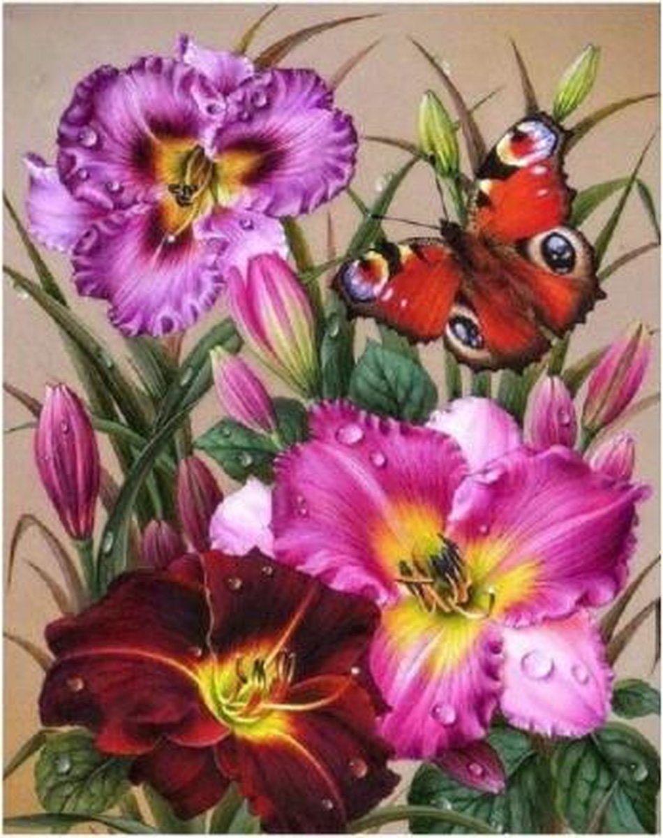 Diamond Painting "JobaStores®" Bloemen met Vlinder 40x50cm