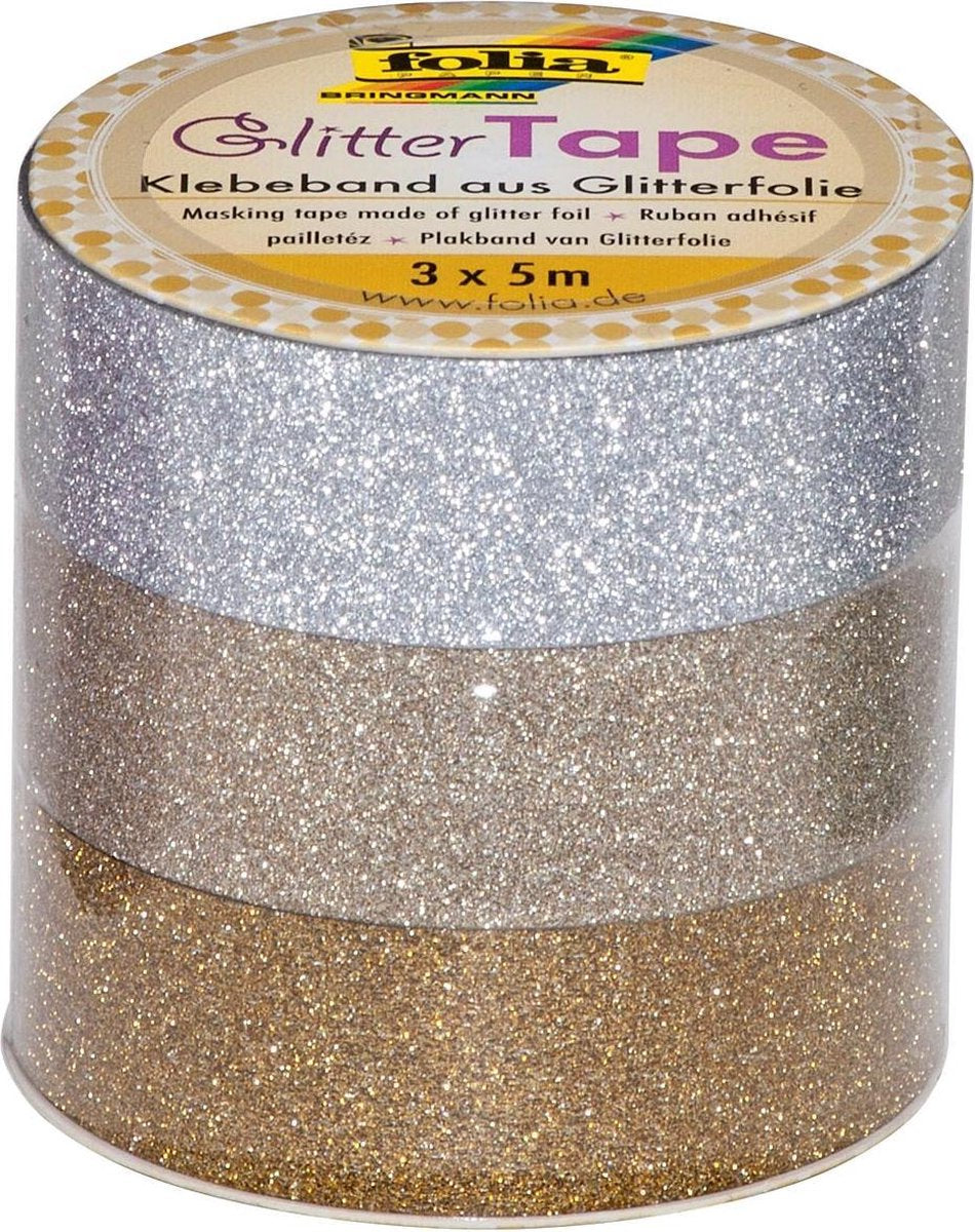 8x Folia glittertape zilver en goud rolletje met 3 stuks