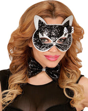 Zwarte en zilveren glitter kattenset voor volwassenen - Verkleedmasker
