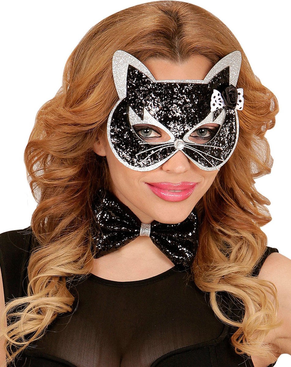 Zwarte en zilveren glitter kattenset voor volwassenen - Verkleedmasker
