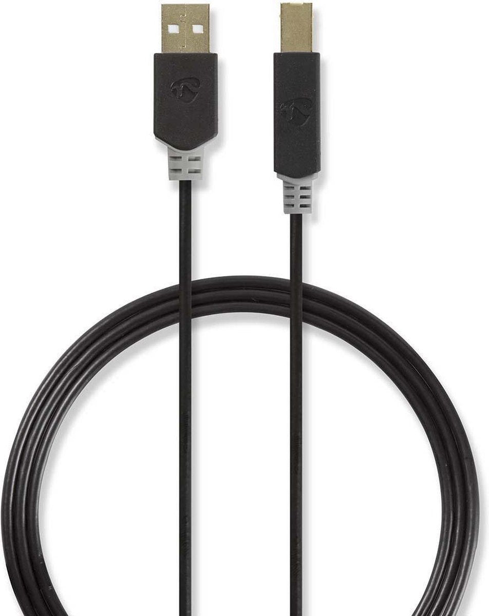 USB-Kabel | USB 2.0 | USB-A Male | USB-B Male | 480 Mbps | Verguld | 3.00 m | Rond | PVC | Antraciet | Polybag