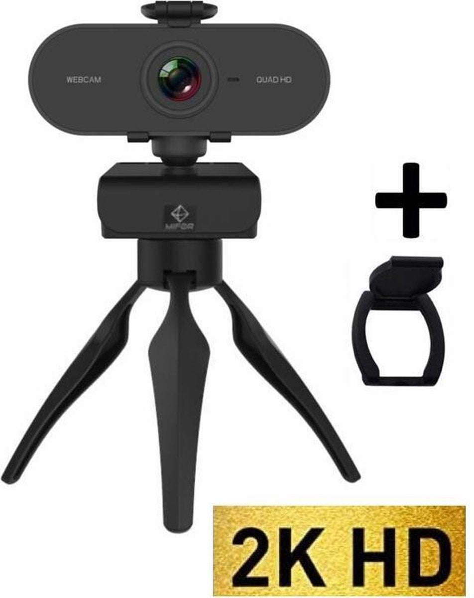 MIFOR® 2560x1440p WEBCAM 2K + TRIPOD + GRATIS PRIVACY SLUITER - QUAD HD - NIEUWSTE Webcam AUTOFOCUS met Microfoon - Webcam voor PC - Noise Cancelling - Geschikt voor Windows en Apple