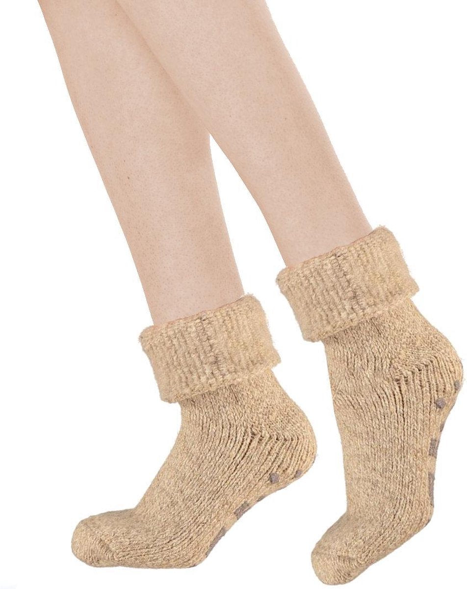 Wollen huissokken met anti-slip taupe 35-40