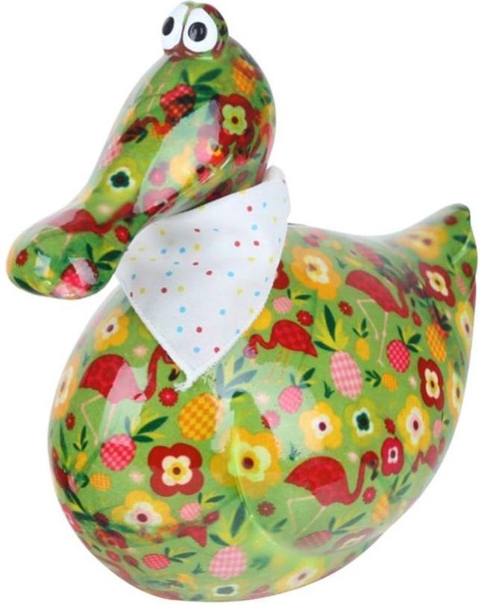 Pomme Pidou spaarpot eend Anna - Groen met bloemen en flamingo's