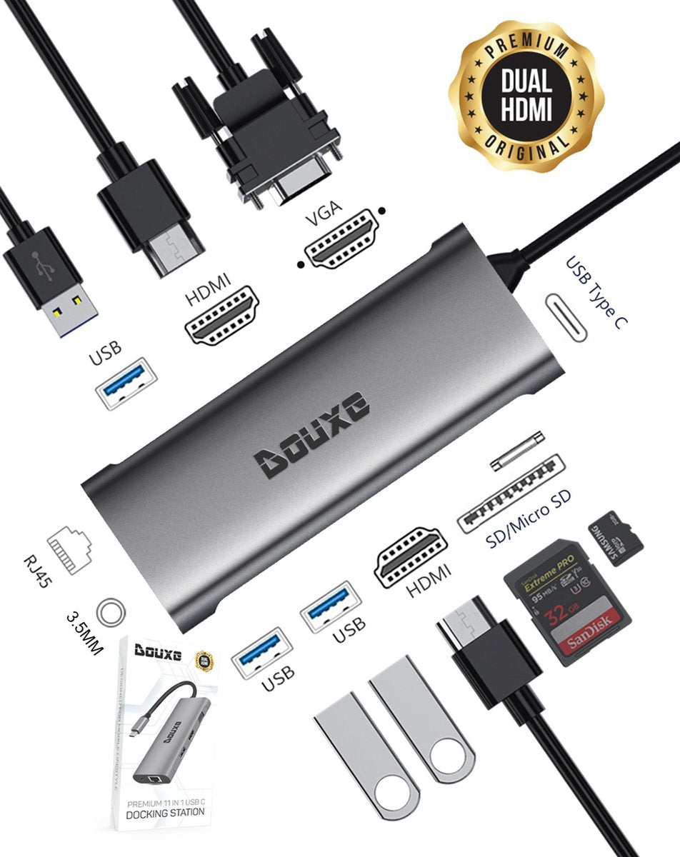 Douxe 11-in-1 USB-C Hub - 3* USB 3.0 A - 2* 4K HDMI - VGA - RJ-45 - 3.5mm Jack - USB-C Power Delivery - SD & TF kaart lezer - Space Grey