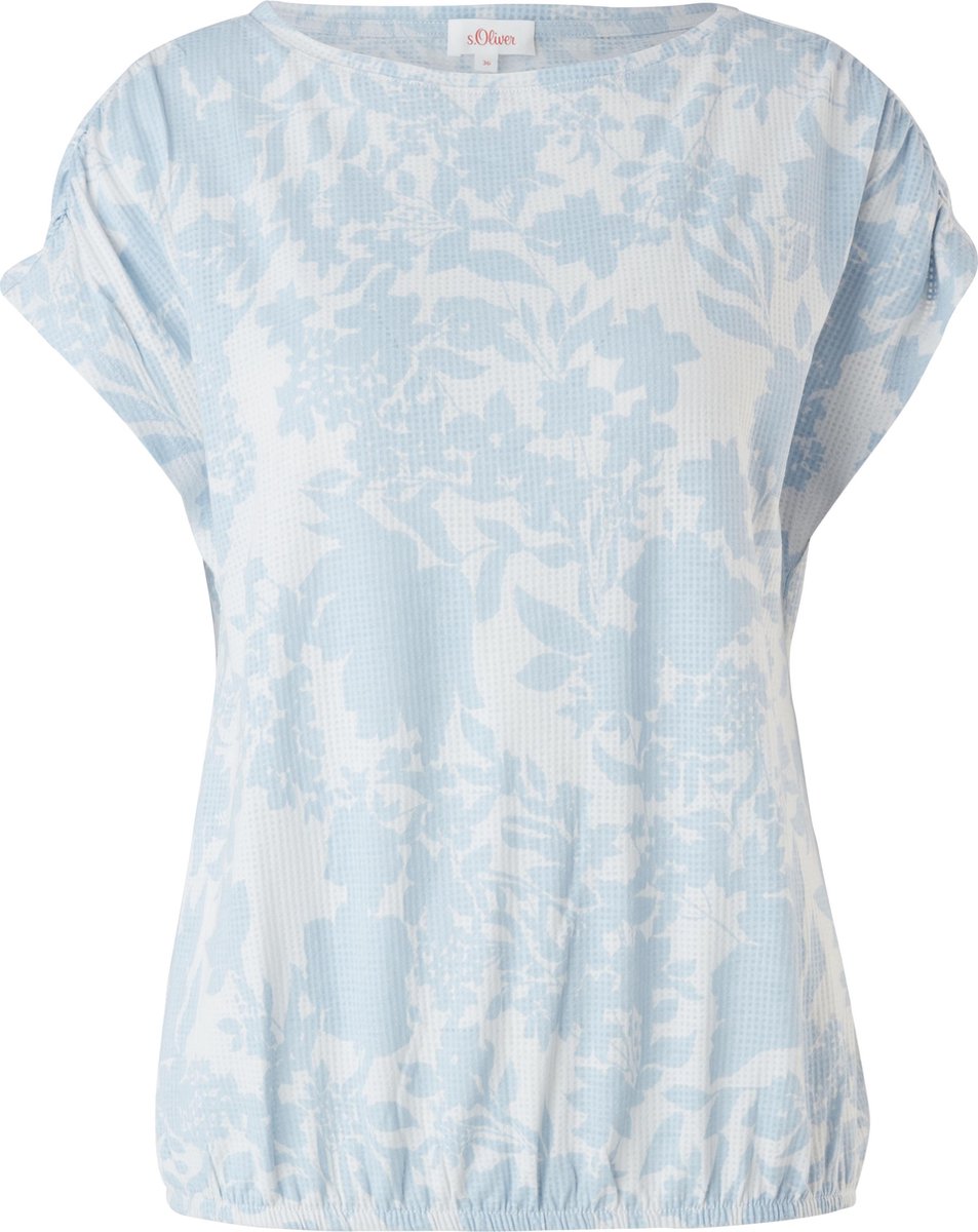 s.Oliver Dames Shirt Korte Mouw - Losse Pasvorm - Brede Halslijn - Bloemenprint - Lichtblauw - Maat 3XL (46)
