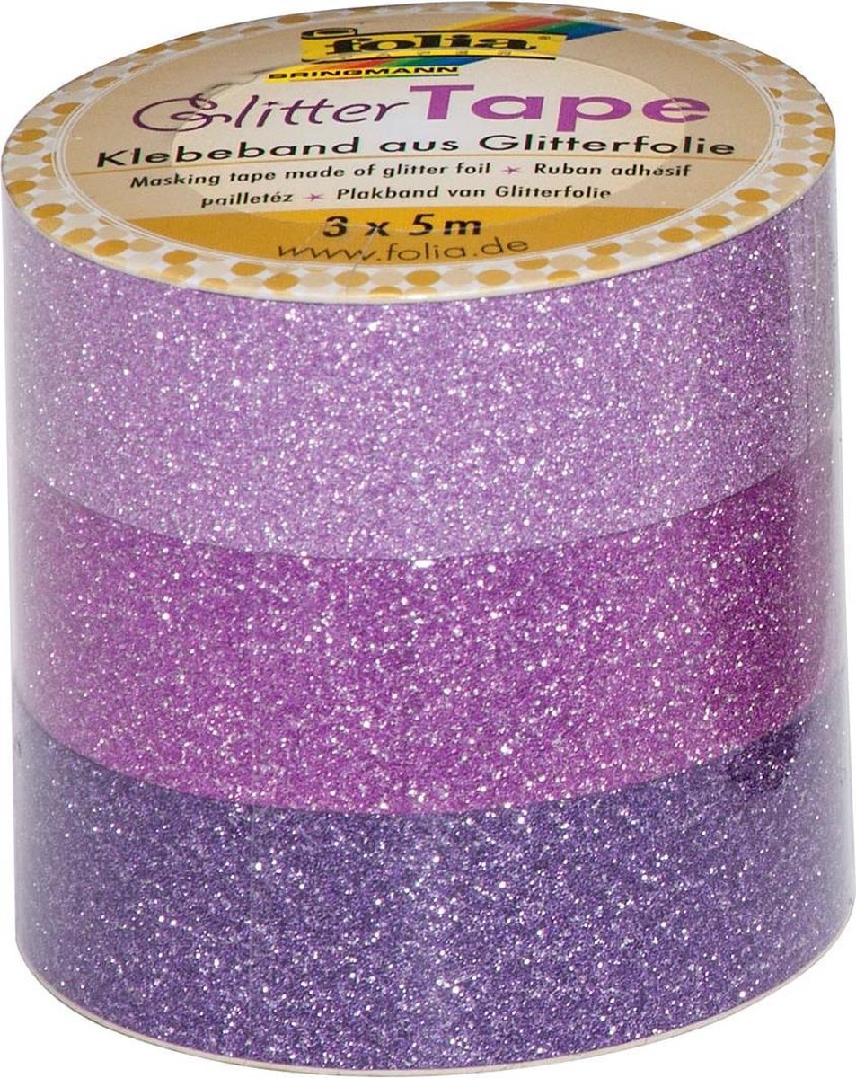 8x Folia glittertape roze en paars rolletje met 3 stuks