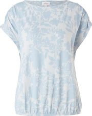 s.Oliver Dames Shirt Korte Mouw - Losse Pasvorm - Brede Halslijn - Bloemenprint - Lichtblauw - Maat S (36)